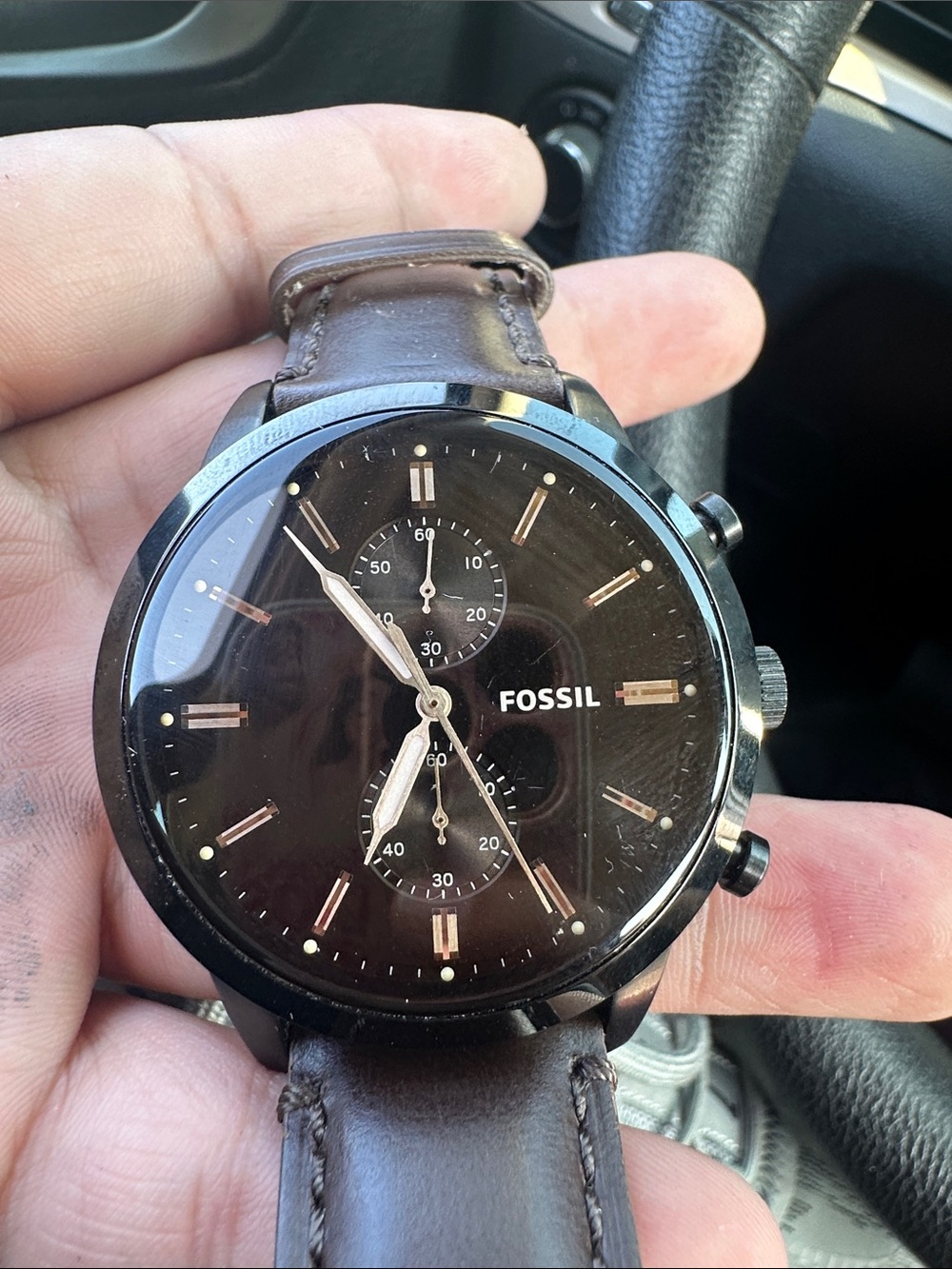 Fossil Black Dial Chronograph with Brown Leather Strap